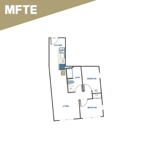 A floor plan of a house with a kitchen, living room, and two bedrooms.